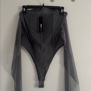 FASHION NOVA Charcoal Sheer Mesh Corset Body Suit